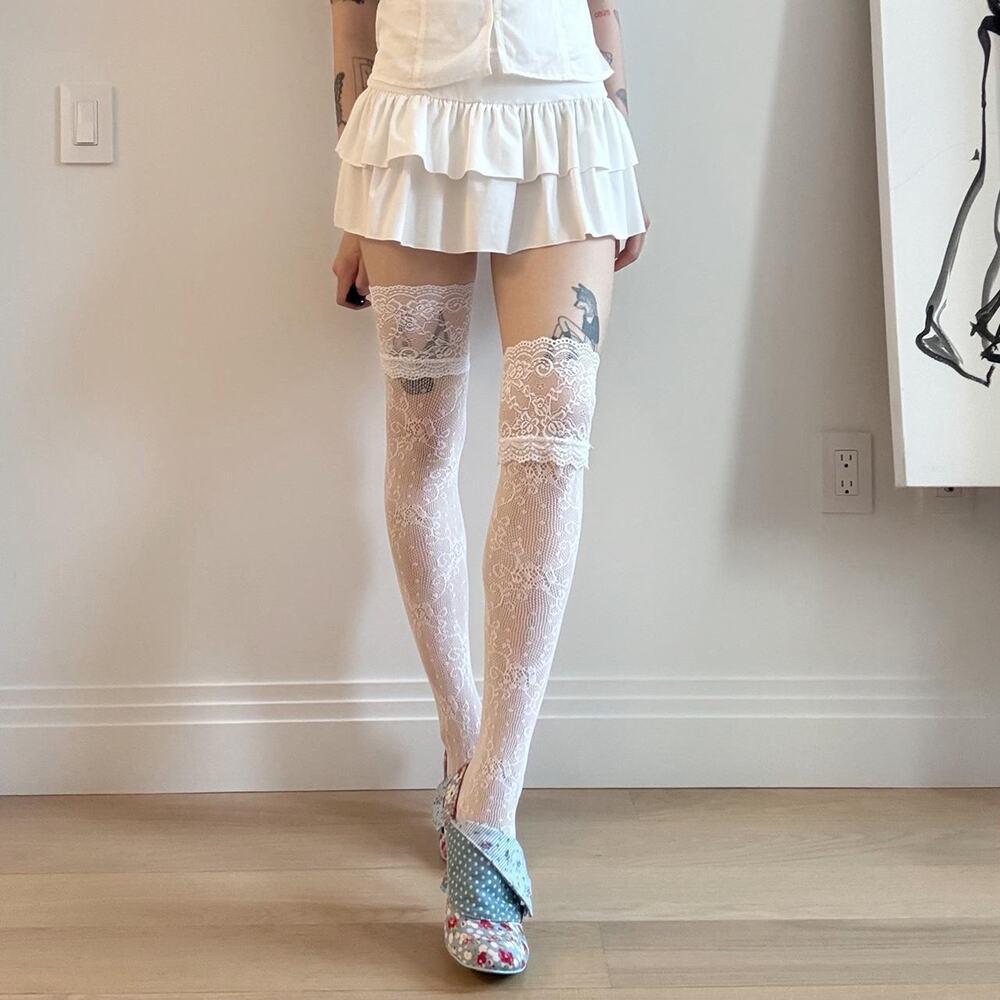 Floral lace thigh high stockings